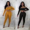 Women Autumn Sexy 2 Piece Set Solid Cold Shoulder Crop Top And Skinny Pants Set Sweat Suits Clubwear Party Two Piece