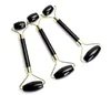 Natural Black Obsidian Carved Reiki Crystal Healing Gua Sha Beauty Roller Facial Massor Stick with Alloy Gold-Plated