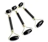 Natuurlijke zwarte obsidiaan gesneden Reiki Crystal Healing Gua Sha Beauty Roller Facial Massor Stick met legering verguld