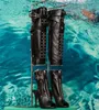 New Design Women Fashion Open Toe Black Leather Zipper Design Knee High Boots Removable Long High Heel Motorcycle Boots Buckles Boots