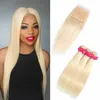 Brasiliansk 613 # Blont Virgin Hair 3 buntar med spetsavslutning Top Lace Closure och buntar Silke Rak hårförlängning med spetslåsning