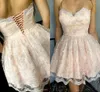 2018 Short Mini Sexy Blush Pink Vestidos de fiesta Cariño Corsé Volver Apliques de encaje completo Fiesta Graduación Tallas grandes Vestidos de cóctel