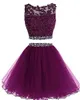 2021 Two Pieces Prom Dress Short Lace Appliques with Crystal Beaded Keyhole Back Tulle Sweet 16 Party Dresses Graduation Homecomin246K