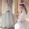 Luxury Lace Ball Gown Wedding Dresses Long Sleeve 3D Floral Appliques High Neck Arabic Bridal Gowns Crystal Wedding Dress Plus Size