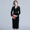 Elegant New Velvet Dresses For Women Spring Autumn V-neck With Sashes Long Sleeved Black Red Slim Party Dresses