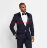 Navy Blue Peak Lapel One Button Black Brothers Bröllop Brudgum Tuxedos Män Passar Bröllop Prom Middag Bästa Man Blazer (Jacka + Tie + Girdle + Byxor)