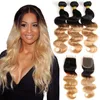 Ombre Body Wave T1B/27# Dark Root Honey Blonde Human Hair Bundles with Lace Closure Colored Brazilian Hair Weave With Closure
