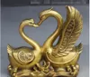 9" Chinesische FengShui Messing Reichtum Geld 2 eheliche Liebe Schwan Cygnus Lotus Statue