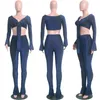 Sonbahar İki Adet Set Tracksuits Kadınlar Kapalı Omuz Uzun Kollu Seksi Crop Top Elastik Yüksek Bel Flare Pantolon Parti Kıyafetler Mavi Eşofmanlar