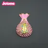 Gold Tone Pink Enamel Money Purse Wallet Brooches Crystal Rhinestone Vase Shape Pin Brooch For Women