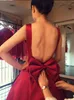 Tea Length Red Prom Sexy Open Short Gowns Square Neck Evening Party With Back Bow Satin Graduation Dresses Cheap 0510