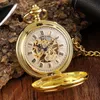  Gold Clock Flower Deer Carving Design Mechanical Pocket Watch FOB Waist Chain Skeleton Hollow Steampunk Pocket Watch Men