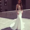 Seksowne Długie Rękawy Suknie Wieczorowe Sheer Top See Przez Bodice Koronkowe Aplikacje Biała Ivory Mermaid Prom Suknie Długa Formalna Suknia