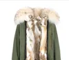 Jazzevar Women Snow Coats Brown Rabbit Fur Lining Army Green Canvas Mini Parkas med Brown Raccoon Fur