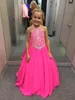 Belle Fuchsia Perles Cristaux Filles Pageant Robes Une Ligne Halter Cou Enfants Celebrity Soirée De Bal Robes De Soirée Sur Mesure BA7601