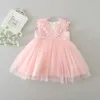 Flower Pink First Communion Dress 2022 White Ball Gowns Short Baby Party Birthday Cheap Little Flower Girl Dress With Bow 3M 6M 12M 19M 24M