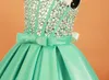 사랑스러운 푸른 녹색 새틴 스트랩 비즈 꽃 소녀 드레스 공주 드레스 소녀의 미스터 드레스 사용자 정의 만든 크기 2-6 8 10 12 14 KF420418