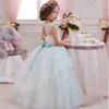 Lovely 2019 Mint Tulle Ball Gown Flower Girl Dresses For Weddings Jewel Cut Out Back Bow Sash Floor Length Birthday Party Gown