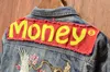 Fashion Denim Jacket Men Designs Money Print Patch Blue Jean Jacket For Men Hip Hop Distressed Hole Denim Jackets