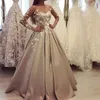 Abend 2018 Jewel Champagne Sheer Neck Long Illusion Sleeves A-line with White Applique Prom Gowns Back Zipper Custom Made Dresses