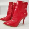 2018 moda kadın kırmızı botlar zip up çizmeler kadın ayak bileği patik ince topuk kırmızı deri çizmeler bayan elbise ayakkabı sivri burun 10 cm topuk
