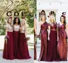 ترتر بورجوندي غير متطابق تول طويلة وصيفات الشرف فستان قطعتين فساتين رسمية على غرار حفل الزفاف