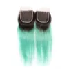 Ombre Light Green Virgin Menselijk Haar Weave Bundels met Sluiting Straight Menselijk Hair Extensions 1B / Green Ombre 4x4 Kantsluiting met weefsels