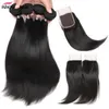 Ishow Brazilian Hair Weaves 10A Human Hair Bundles With Closure Straight Peruvian Hair Extensions 4bundles Wefts for Women Girls All Ages Natural Color 8-28inch