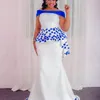 White Off Shoulder Prom Dresses With Blue Appliques Sexy Mermaid Long Prom Dress Formal Evening Gowns Custom Made Plus Size Cocktail Dress