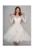 Long Sleeves Knee Length Short Wedding Dresses Lace V Neck A-line Low Back Women Informal Reception Dress 1960s Bridal Gowns