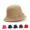 Mode femmes hiver chapeaux solide plaine laine feutre melon chapeaux rétro femme Fedoras élégant marque arc Cloche seau chapeau