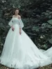 Princess Fairy Wedding Dresses Sweetheart Off the Shoulder Ruched Tulle Lace Appliques Country Bridal Gowns Sweep Train Illusion Sleeves