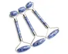 Natural Tumbled Blue Dots Stone Carved Reiki Crystal Healing Gua Sha Beauty Roller Facial Massor Stick with Alloy SilverPlated8437292