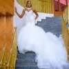 Stunning High Neck Wedding Dresses Crystal Beads Sequins Fluffy Train Mermaid Wedding Gowns Sexy Plus Size African Sleeveless Wedding Dress