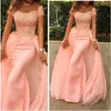 Elegant Arabisch Off The Shoulder Satin Mermaid Avondjurken met Over Rokken Kant Applique Formal Party Avondjurken Slijtage