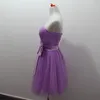 Robe de demoiselle d'honneur courte violet clair avec nœud sans bretelles plissée Robe de soirée de mariage Tull simple Image réelle