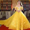 Fantastyczna żółta Koronka Prom Sukienka Luksusowe Kryształowe Koraliki Off Ramię Rękawic Suknia Ball Party Dress Glamorous Dubai Princess Suknie Wieczorowe