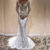 Gorgeous Pearls Applique Wedding Dress Sexy V-Neck Long Sleeves Beads Lace Mermaid Wedding Dress Stylish Plus Size Dubai Vestido De Novia