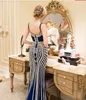 Golden crystal Long Prom Dresses V-Neck Sleeveless Zipper Sweep Train Tulle With Crystal Straight Party Evening Dresses Custom Made