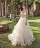 Eva av Milady 2019 En linje bröllopsklänningar Spaghetti V Neck Backless Lace Appliqued Ruffles Bridal Gowns Plus Size Sexy Vestidos