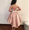 Modest High Low Sheer Lace Homecoming Kleider Illusion Rosa Kappe Arabische Brautjungfer Short Prom Dress Cocktail Party Club Tragegraduation