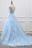 Robe de soirée bleu ciel clair, épaules dénudées, avec des Appliques en dentelle, en Tulle et Organza, dos nu, robe formelle de bal