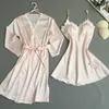 Women Robe Sets Sexy Silk Nightdress Faux Bathrobe Floral Lace Pajamas Adjustable Strap Sleepwear Sleepwear Lingerie Set