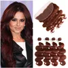Offerte Virgin brasiliano scuro Auburn capelli umani Bundle con Full Frontal Body Wave # 33 rame rosso tessuto bundle con 13x4 Pizzo frontale Chiusura
