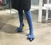 Nouveau hiver femme solide noir bleu cuir/Jeans bout pointu nœuds papillon talons étranges 70 mm à lacets sur le genou cuisse bottes longues