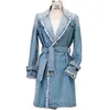 Novo casaco solto Plus Size Trench Womens Long Denim Trench Revestimento Mulheres Outerwear