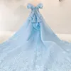 Sparkly Cloud Blue Evening Dress With Overskirt Elegant Embroidery Beaded Floral Appliques Sequin Party Dress Dubai Mermaid Evening Dresses