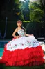 新しいセクシーな赤い白のサテンボールガウン刺繍Quinceaneraドレス2018ビーズ甘い16ドレス15年プロムのガウンBQ40