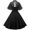 2018 vintage mesh cape jurk pin up turn down kraag vrouwen zwart een lijn jurken mantel mouw casual zomer vestido