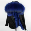 Furlove 패션 여성의 자연 모피 줄 지어 두건이있는 코트 미니 파카 대형 너구리 모피 칼라 outwear 겨울 자켓